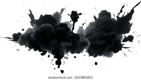 Abstract Black Smoke and Dust Explosion Spreading Dramatically Against a Stark White 
Background in a High-Contrast Surreal Concept Illustration
