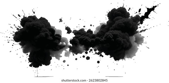 Abstract Black Smoke and Dust Explosion Spreading Dramatically Against a Stark White 
Background in a High-Contrast Surreal Concept Illustration
