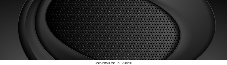 Resumen de ondas suaves y negras sobre fondo metálico perforado oscuro. Diseño de banderas de vectores de tecnología