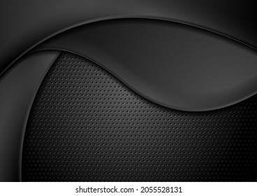 Abstract black smooth waves on dark perforated metallic background. Technology vector design
