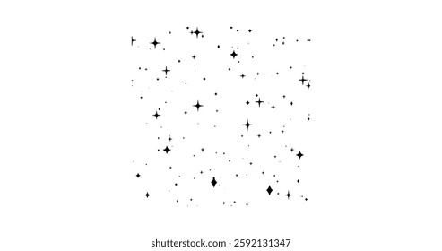 Abstract black sparkling star pattern on white background. A captivating graphic design featuring a scattered pattern of black star-like shapes against a pure white backdrop.