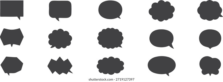 Abstract black speech bubble shapes set on white background. Creative dialogue and communication elements for messaging, chat, and conversation design. Minimal silhouette icons ideal for comics and UI.