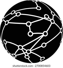 Abstractas esfera negra con una red blanca de nodos y líneas interconectados, que simbolizan la conectividad global, la transferencia de datos y la comunicación digital.
