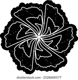 Design espiral preto abstrato com textura estilo linocut grunge. A simetria radial cria um efeito visual hipnótico e dinâmico. Ideal para fundos, impressões ou projetos de arte moderna.