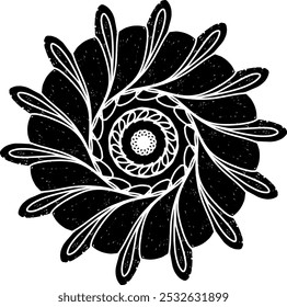 Design espiral preto abstrato com textura estilo linocut grunge. A simetria radial cria um efeito visual hipnótico e dinâmico. Ideal para fundos, impressões ou projetos de arte moderna.