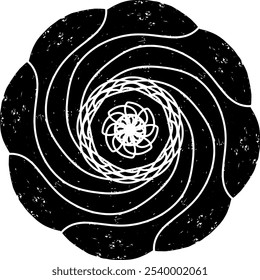 Design espiral preto abstrato com textura estilo linocut grunge. A simetria radial cria um efeito visual hipnótico e dinâmico. Ideal para fundos, impressões ou projetos de arte moderna.