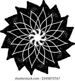 Design espiral preto abstrato com textura estilo linocut grunge. A simetria radial cria um efeito visual hipnótico e dinâmico. Ideal para fundos, impressões ou projetos de arte moderna.