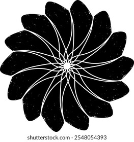 Design espiral preto abstrato com textura estilo linocut grunge. A simetria radial cria um efeito visual hipnótico e dinâmico. Ideal para fundos, impressões ou projetos de arte moderna.