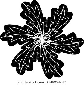 Design espiral preto abstrato com textura estilo linocut grunge. A simetria radial cria um efeito visual hipnótico e dinâmico. Ideal para fundos, impressões ou projetos de arte moderna.