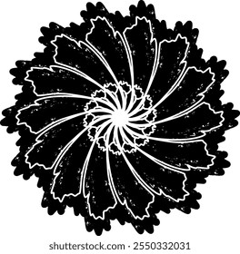 Design espiral preto abstrato com textura estilo linocut grunge. A simetria radial cria um efeito visual hipnótico e dinâmico. Ideal para fundos, impressões ou projetos de arte moderna.