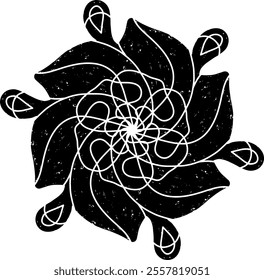 Abstract black spiral design with grunge linocut style texture. Radial symmetry creates a hypnotic and dynamic visual effect. Ideal for backgrounds, prints or modern art projects.