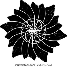 Abstract black spiral design with grunge linocut style texture. Radial symmetry creates a hypnotic and dynamic visual effect. Ideal for backgrounds, prints or modern art projects.