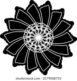 Abstract black spiral design with grunge linocut style texture. Radial symmetry creates a hypnotic and dynamic visual effect. Ideal for backgrounds, prints or modern art projects.