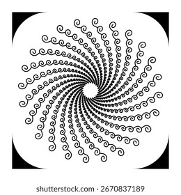 Padrão de meio-tom espiral preto abstrato em fundo branco. Design de ilusão ótica geométrica para cartazes, fundos, papéis de parede e arte gráfica moderna