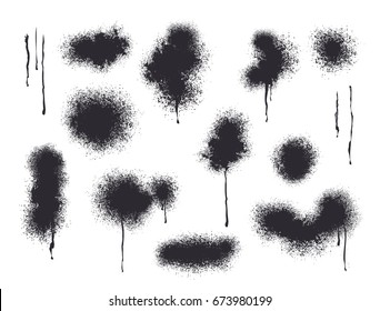 Abstract black spray on white background, ash particles. Spray effect, exploding, black drops. Grunge effect, spread texture, noise, vector ink backdrop, paint banner.