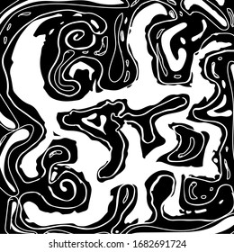 Abstract black spreading spots. Spontaneous imprint and sketched vector contrast black and white background. Retro abstract pattern in art style. Black and white design. Pattern with optical illusion