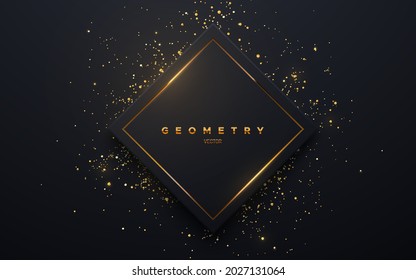 Abstract black square shape with golden glowing frame. Vector illustration. Geometric backdrop with golden glittering particles. Holiday banner design. Minimalist decoration