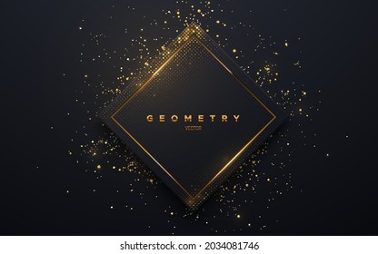 Abstract black square shape with golden glowing frame and shimmering glitters. Vector illustration. Geometric backdrop with golden glittering particles. Holiday banner design. Minimalist decoration