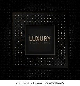 Abstract black square shape with golden glowing frame and mosaic glitters. Vector illustration. Luxury geometric backdrop with golden glittering particles. Premium banner design. Minimalist decoration