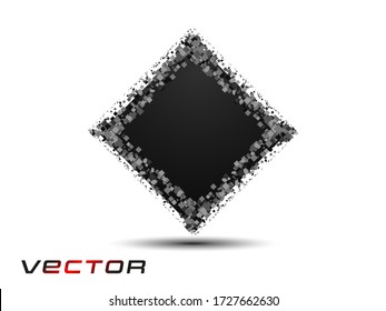 Resumen cuadrado negro, marco de texto con píxeles pequeños y partículas 3D. Elemento de diseño de vectores en un afiche de fondo blanco aislado.