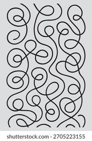 Abstractas líneas y bucles negros ondulados sobre un fondo gris claro, creando un patrón juguetón, orgánico y decorativo.