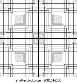 Abstract black stacked square frame spirograph shapes seamless technology pattern on the white background. Vector illustration. Wrapping paper.