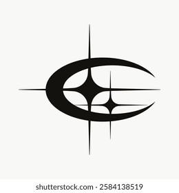 Abstract black star and crescent design on white background. Star and crescent create a striking abstract pattern. Minimalist abstract art with star and crescent. Vector isolated on white.