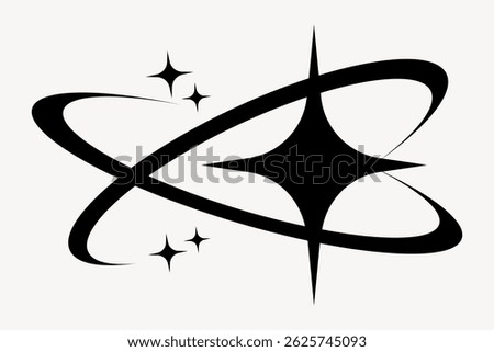Abstract black star and orbit design with swirling lines and sparkling stars. Dynamic star and orbit pattern. Modern star and orbit graphic. Starburst illustration vector.