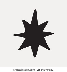 Forma de estrella negra Abstractas con ocho puntos desiguales sobre un fondo blanco. El diseño de la estrella, el patrón de la estrella y el símbolo de la estrella crean un visual llamativo. Arte minimalista. Vector de ilustración Doodle.