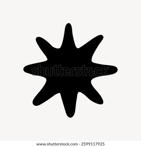 Abstract black star shape with eight uneven points. Star shape appears bold and dynamic. Star design is simple and striking against a white background. Doodle illustration vector.