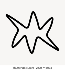 Abstract black star shape with five uneven points. Star design is bold and black. Simple star pattern on a white background. Star shape is artistic and unique. Doodle shape vector.