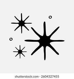 Abstract black star shapes on a white background. Star shapes vary in size. Simple star design. Minimalist star illustration. Star-themed graphic. Doodle illustration vector.