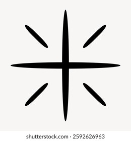 Abstract black star symbol with four elongated points. Star design with simple, minimalist lines. Black star shape on a light background, emphasizing simplicity. Star element vector.