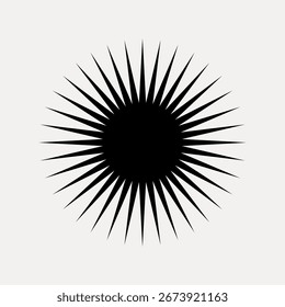 Design abstrato de estrela preta com raios pontiagudos e afiados irradiando de um círculo central. Padrão de explosão em negrito em um plano de fundo claro. Efeito de explosão dinâmica. Projetar vetor de elemento.