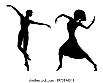 Abstract black stencil silhouettes of charming dancer ladies in movement, hand drawn vector illustration set