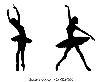 Abstract black stencil silhouettes of slender charming ballerinas in movement, hand drawn vector illustration set