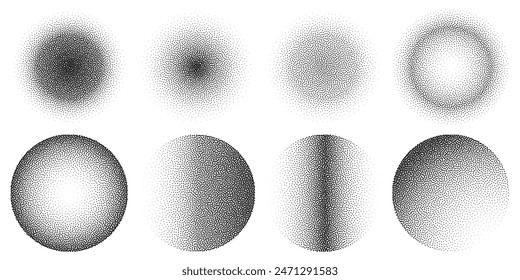 Abstract black stipple gradient halftone circle textures isolated on a white background. Geometric noise circle patterns made of simple dots and grains. Vector illustration