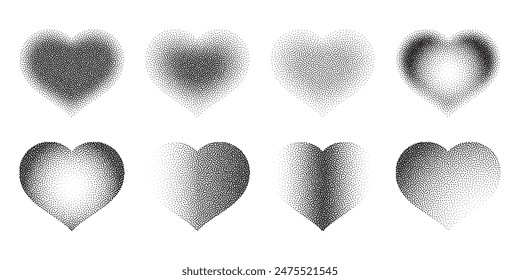 Abstractas texturas de corazón de semitono de gradiente de punteado negro aisladas sobre un fondo blanco. Patrones de corazón de ruido geométrico hechos de puntos y granos simples. Ilustración vectorial