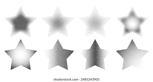 Abstract black stipple gradient halftone star textures isolated on a white background. Geometric noise star patterns are made of simple dots and grains. Vector illustration