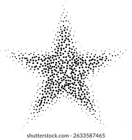 Abstract black stipple gradient halftone star, dotted textures on isolated background. Geometric noise star shaped, patterns are made of simple dots and grains. Stipple dotted star illustration
