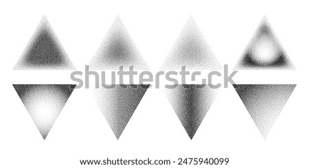 Abstract black stipple gradient halftone triangle textures isolated on a white background. Geometric noise triangle patterns are made of simple dots and grains. Vector illustration