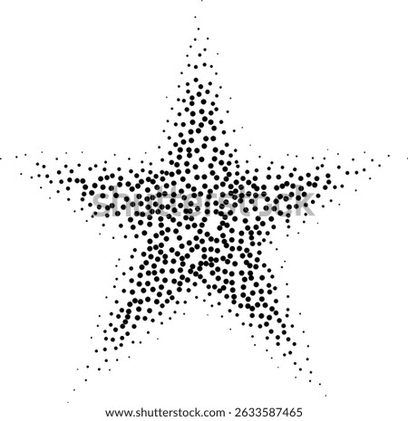 Abstract black stipple gradient halftone star, dotted textures on isolated background. Geometric noise star shaped, patterns are made of simple dots and grains. Stipple dotted star illustration