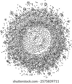 Abstract black stipple spray circle, dissolving points, dotted monochrome texture. Ideal for graphic design and technology concepts, the image showcases simplicity and precision in a modern style.