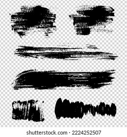 Resumen de elementos cortos rectos y largos de textura negro pinceladas sobre fondo transparente de imitación