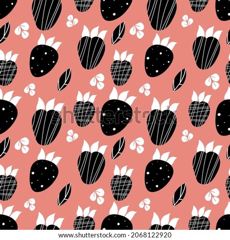 abstract black strawberry patern on pink background. Сute print with modern trending palette. Universal background for printing on fabric and paper. Vector illustration, hand-drawn