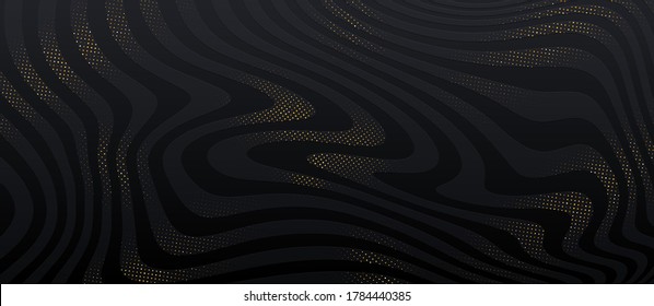 Abstract black striped background with golden halftone. Design for greeting card, invitation, calendar, etc. Vector illustration.