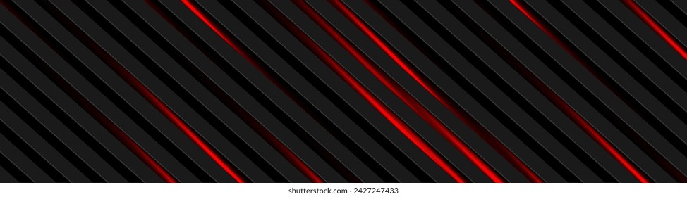 Abstract black striped background with red neon glowing lights. Vector technology banner design