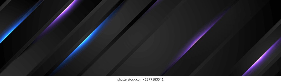 Abstract black striped background with ultraviolet and blue neon glowing lights. Vector technology banner design