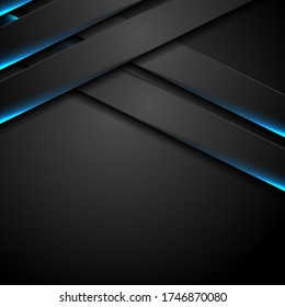 Abstract black stripes with blue neon glowing light. Vector technology design