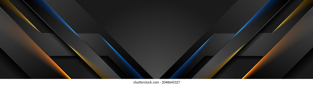 Abstract black stripes with blue orange neon glowing light. Vector technology banner design